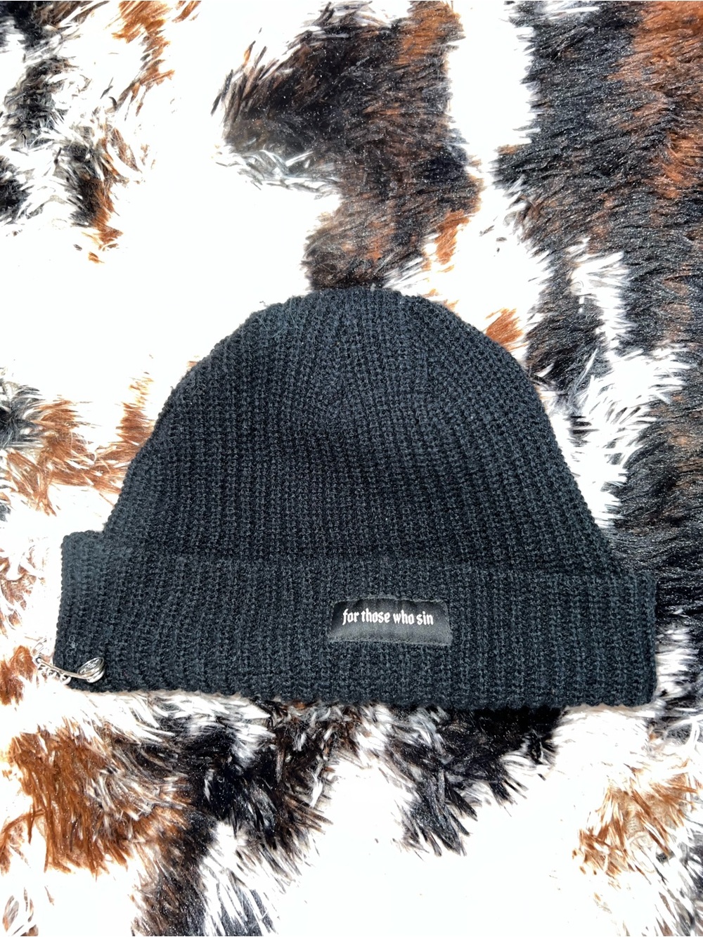 Black Knit Beanie with 'for those who sin' Patch
